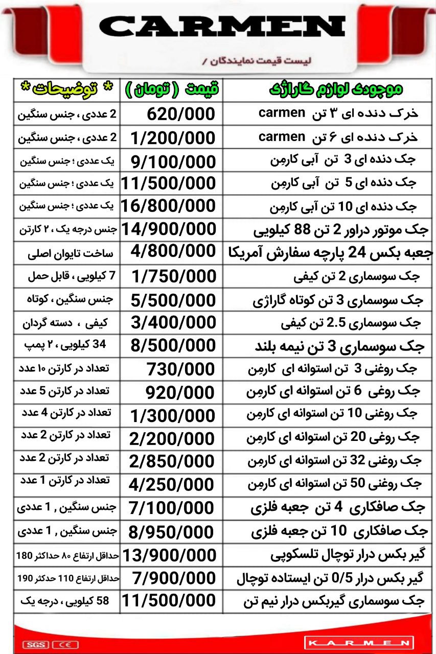 لیست قیمت ( موقت ) محصولات کارمِن 