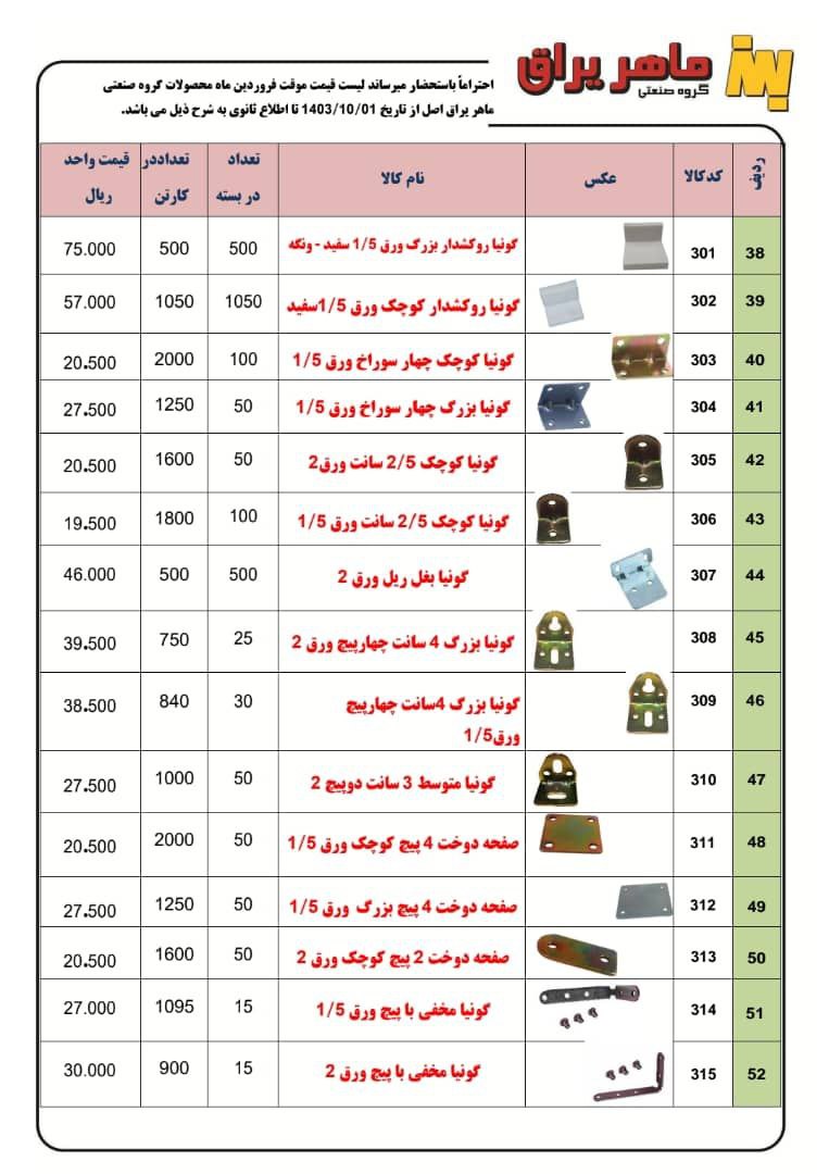 لیست قیمت تولیدی ماهر یراق عرضه شد و آماده توزیع میباشد