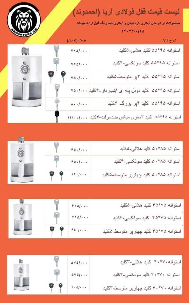 لیست قیمت قفل های تولیدی آریا
