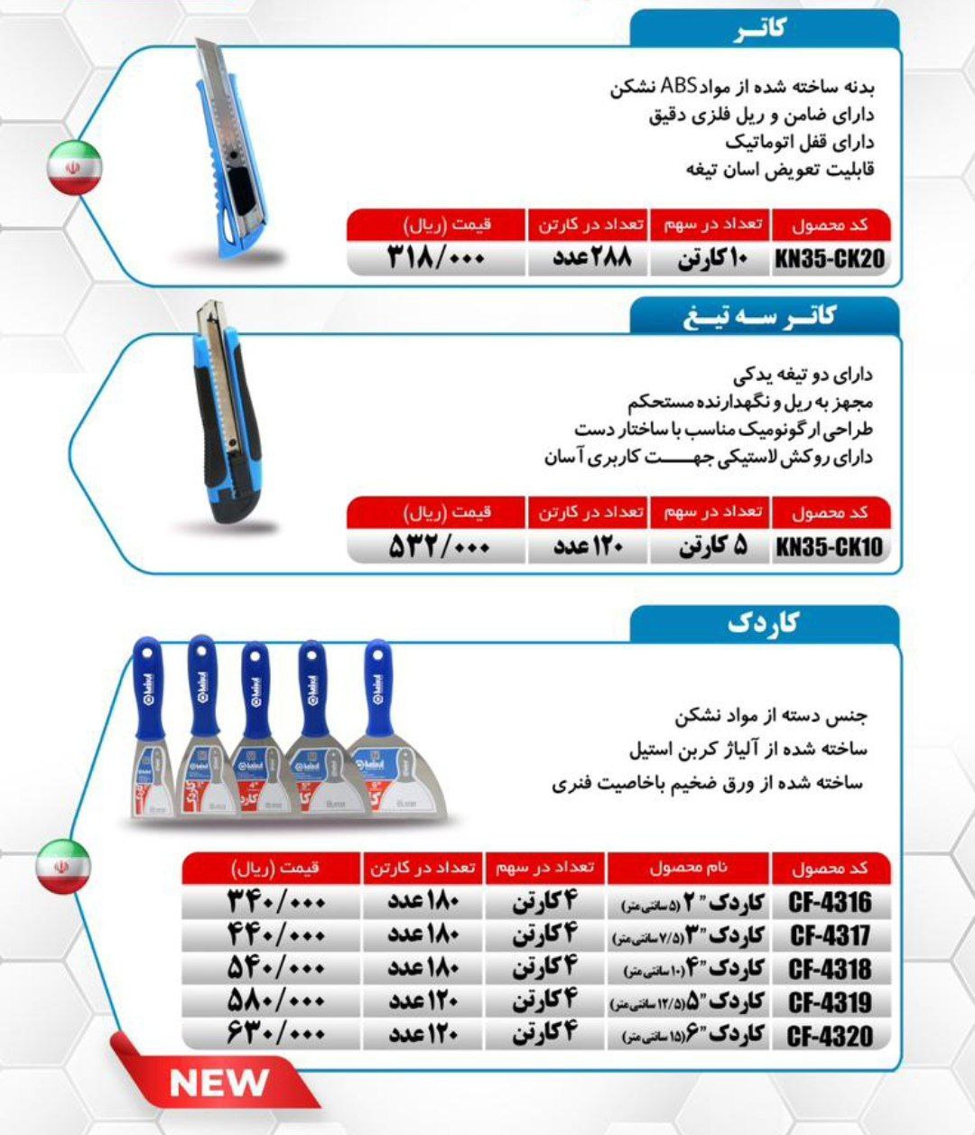 کاتر و کاردک های دسته پلاستیکی میکا ساخت ایران موجود میباشد