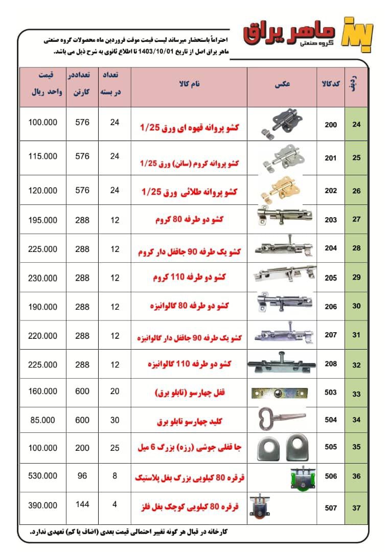 لیست قیمت تولیدی ماهر یراق عرضه شد و آماده توزیع میباشد