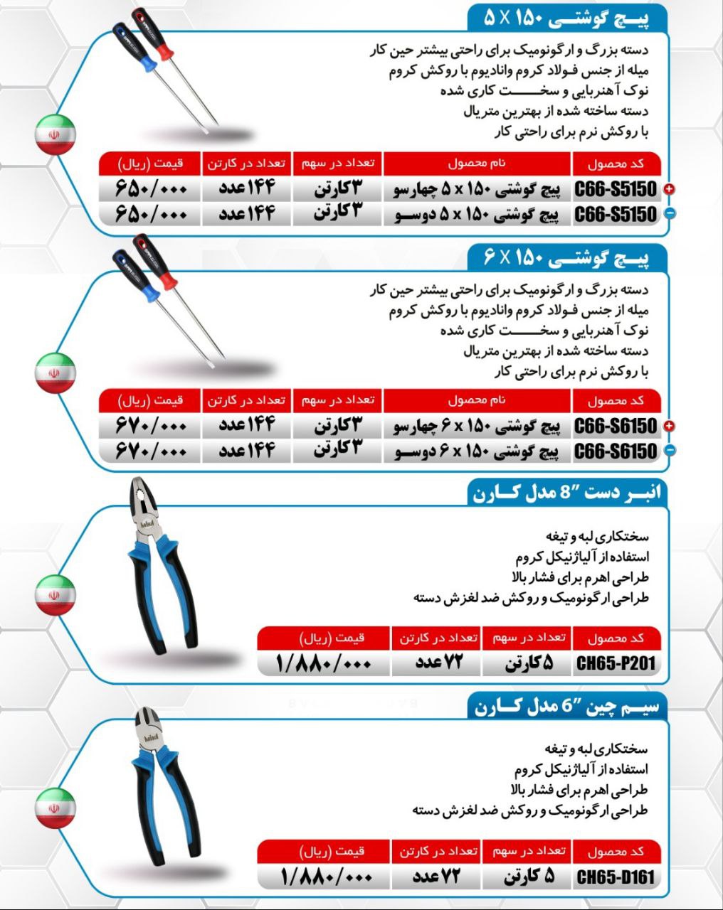 سیم چین ۶ و انبردست ۸ میکا ساخت ایران موجود میباشد 