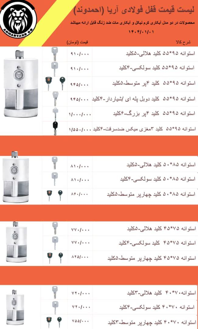 لیست قیمت قفل های تولیدی آریا