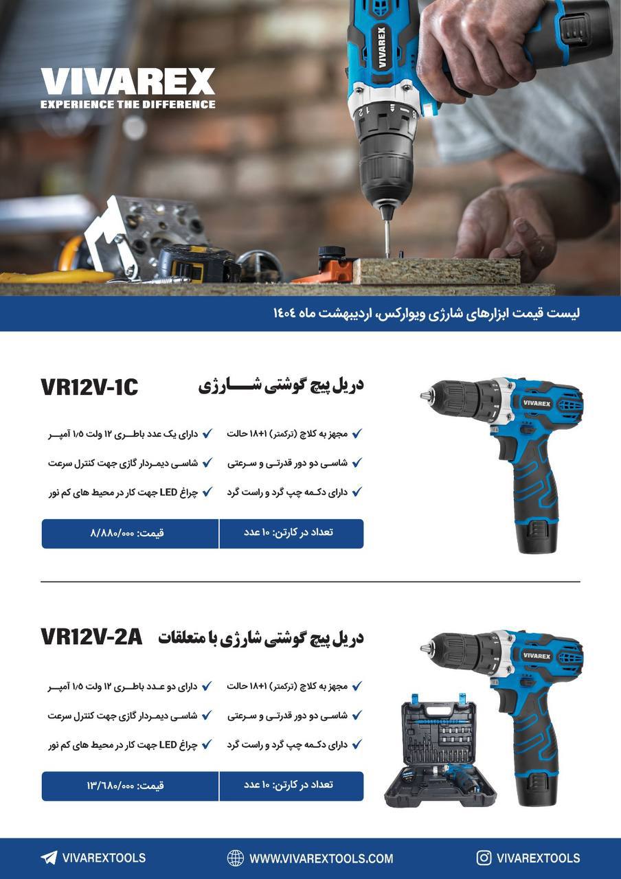 دریل شارژی تک باطری و دوباطری بالوازم ویوارکس 