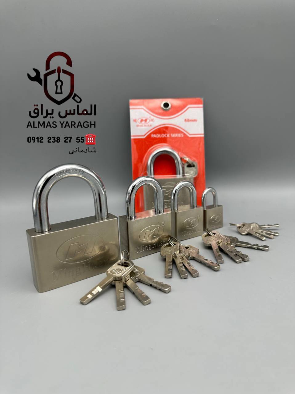 قفل آویز فولادی کلید سولکسی M سایز۳۰: ۳۰۰عددقیمت: ۷۹ت سایز۴۰: ۱۲۰عددقیمت: ۱۰۸ت سایز۵۰: ۷۲عددقیمت: ۱۴