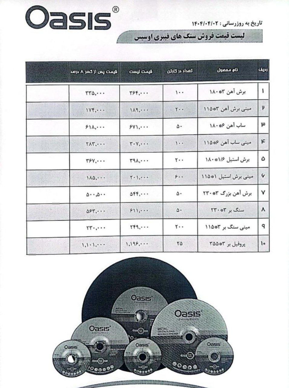 لیست قیمت جدیده محصولات اوسیس   