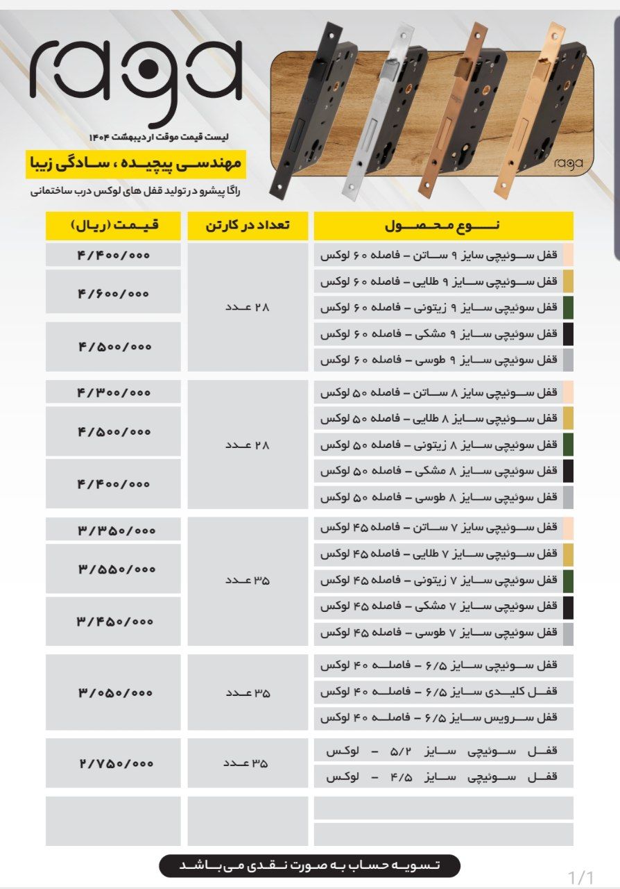 لیست قیمت قفل راگا اردیبهشت ۱۴۰۴