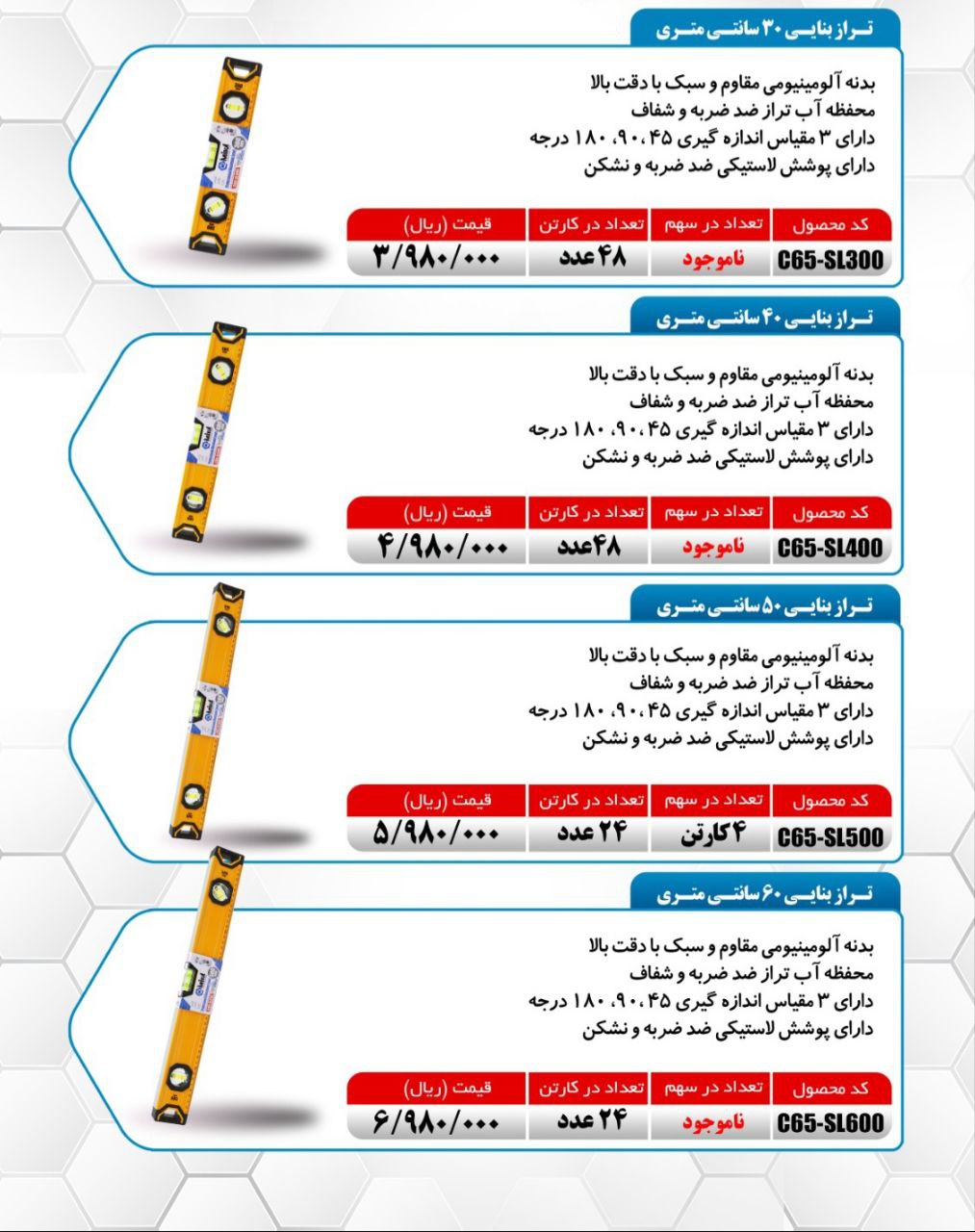 تراز بنایی ۳۰ سانت و ۴۰ سانت میکا ساخت چین موجود میباشد 