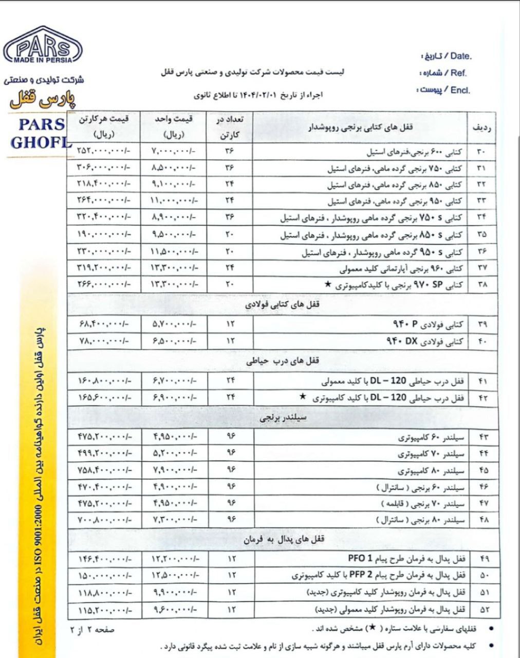 لیست محصولات گروه صنعتی پارس قفل