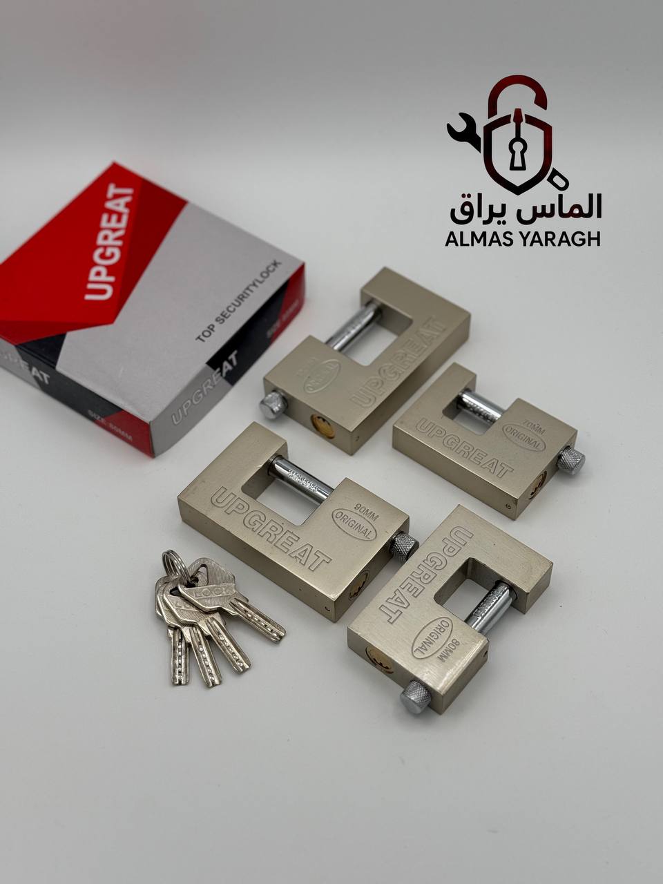  ⭐️قفل کتابی فولادی کلید ناودانی UPGREAT ⭐️ سایز:۷۰-۸۰-۹۰-۱۰۰ مغزی تمام برنج-۴کلید ناودانی کیفیت عال