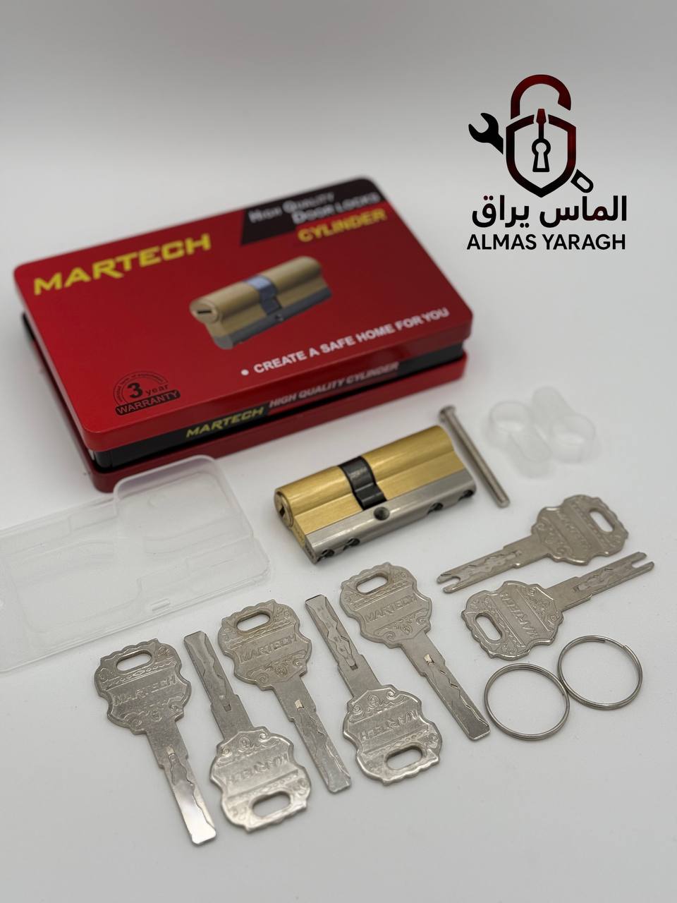  ⭐️سیلندر ۷سانت جعبه فلز برنجی مارتک⭐️ ۷کلید شیار ماری بلند(۵اصلی+۲کارگری) تسمه فولادی آلنی-کیفین عا