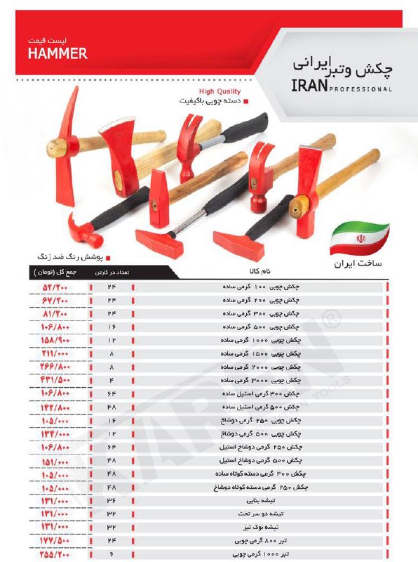 لیست قیمت چکش ساده و دوشاخ دسته چوبی و فلزی 