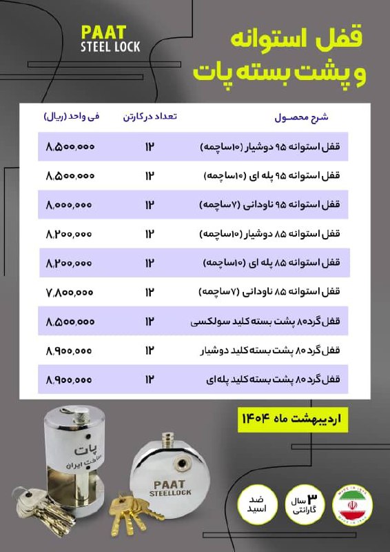 لیست قیمت قفل های استوانه و پشت بسته پات 