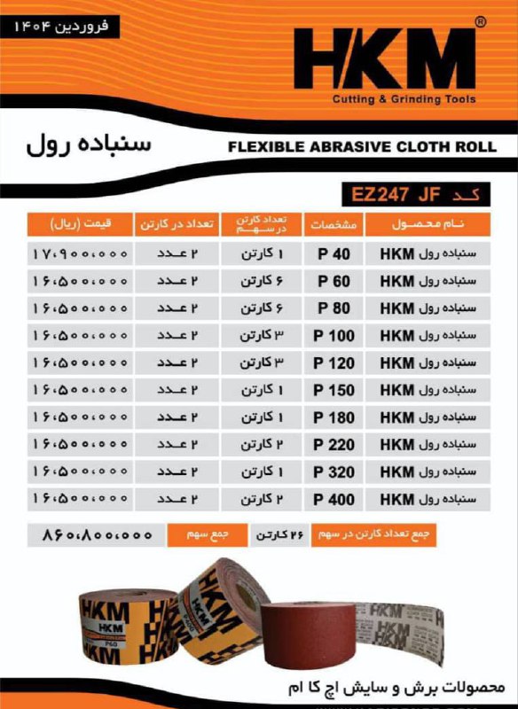 لیست قیمت سنباده رول هایHKM
