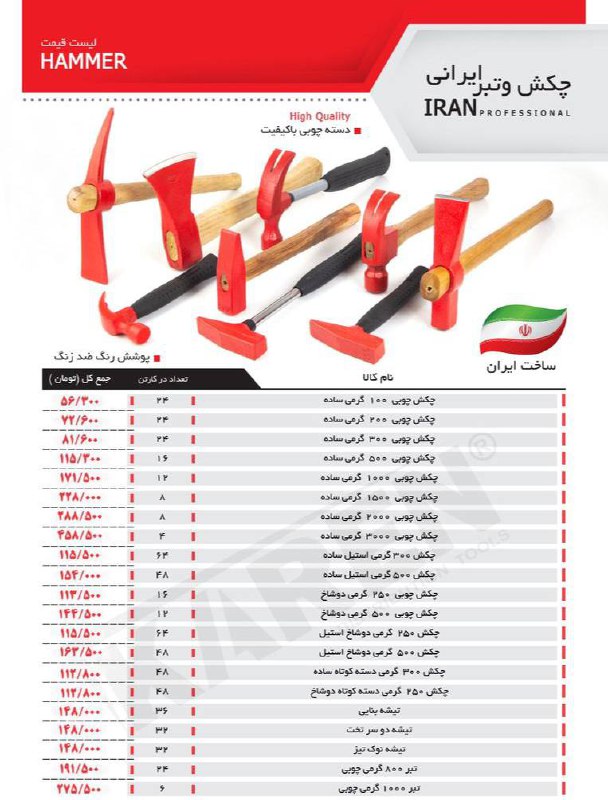 لیست قیمت چکش ساده و دوشاخ دسته چوبی و فلزی 
