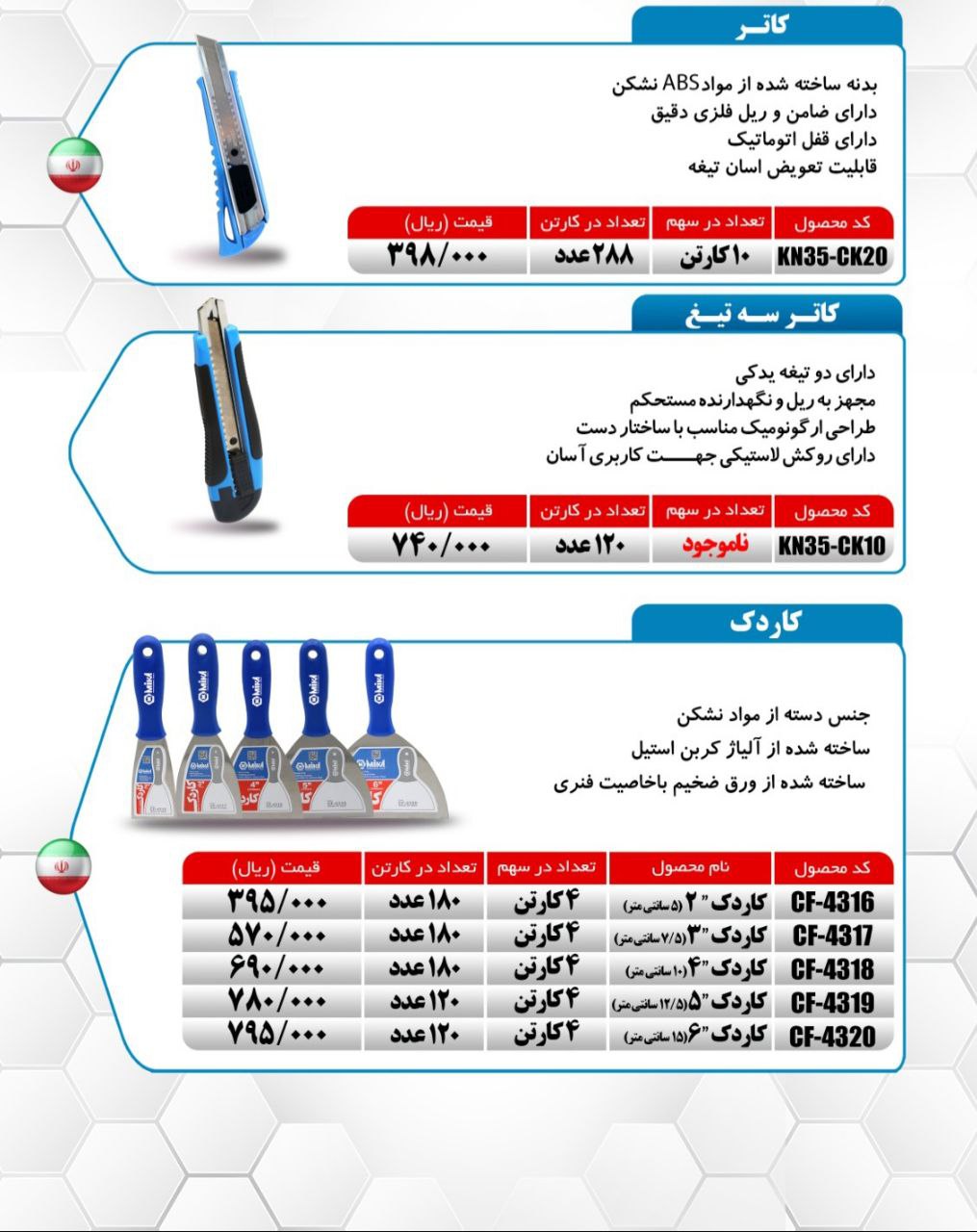 کاتر و کاردک های دسته پلاستیکی میکا ساخت ایران موجود میباشد