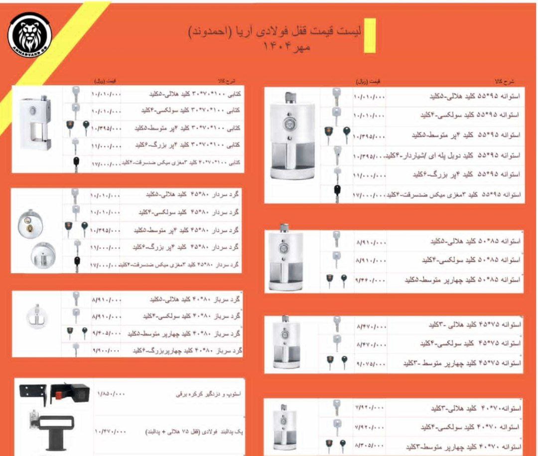 لیست قیمت قفل های تولیدی آریا