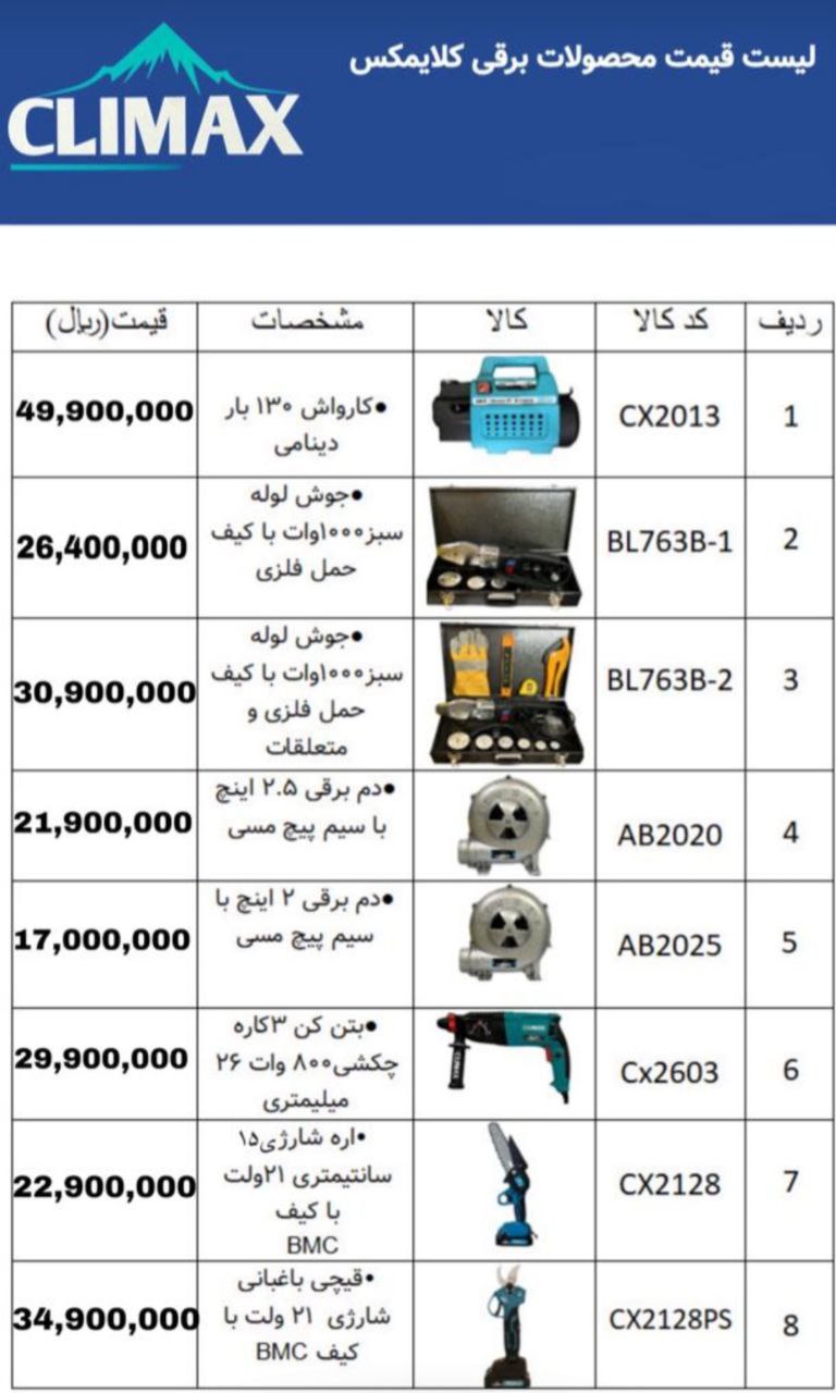 لیست قیمت محصولات برقی کلایمکس منتشر شد 