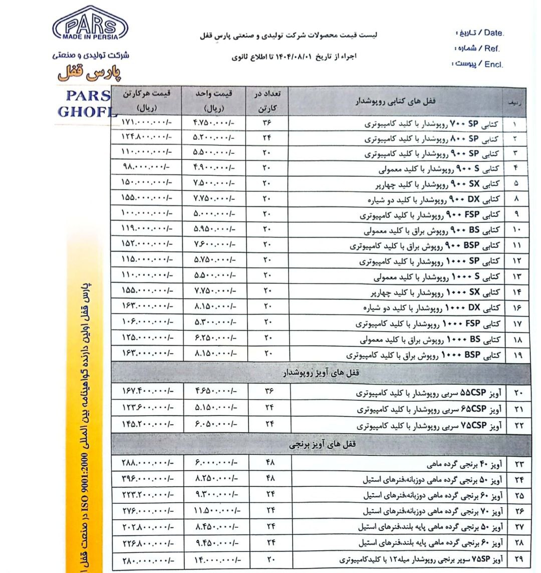 لیست محصولات گروه صنعتی پارس قفل