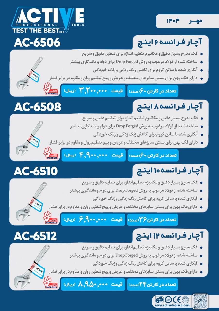 آچار فرانسه ۶ و ۸ و ۱۰ و ۱۲ اینچ اکتیو موجود شد و آماده توزیع میباشد