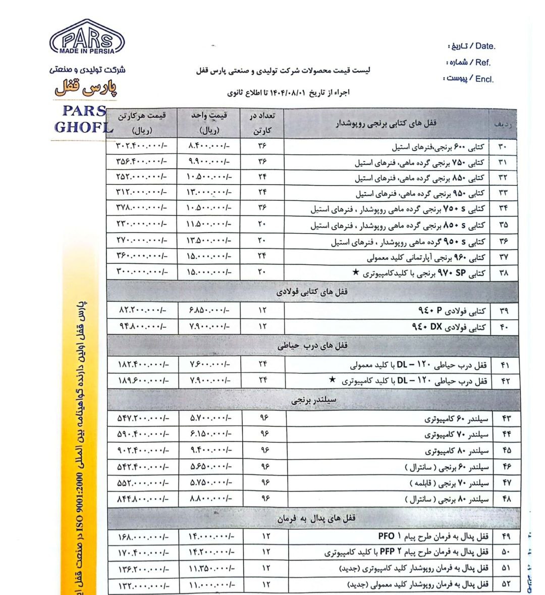 لیست محصولات گروه صنعتی پارس قفل