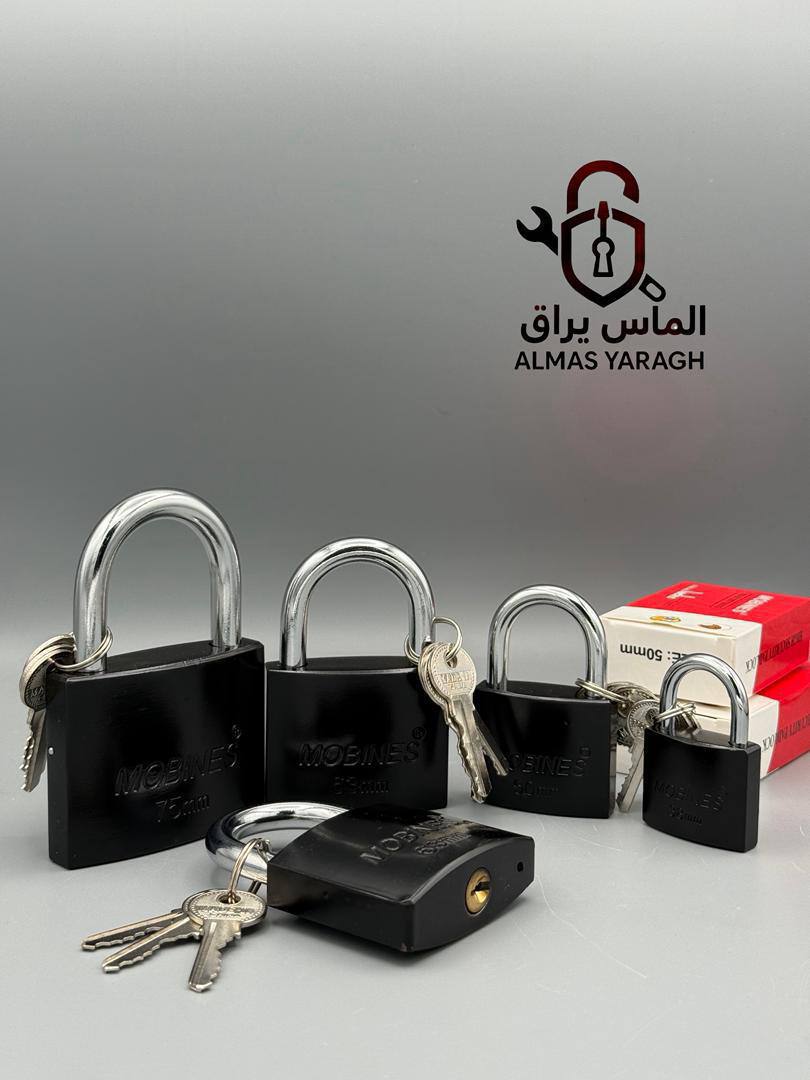  قفل آویز مشکی مغزی برنج مبینس مغزی تمام برنج-۳عدد کلید ساده در ۴سایز ۷۵-۶۳-۵۰-۳۸ جنس سنگین کیفیت در