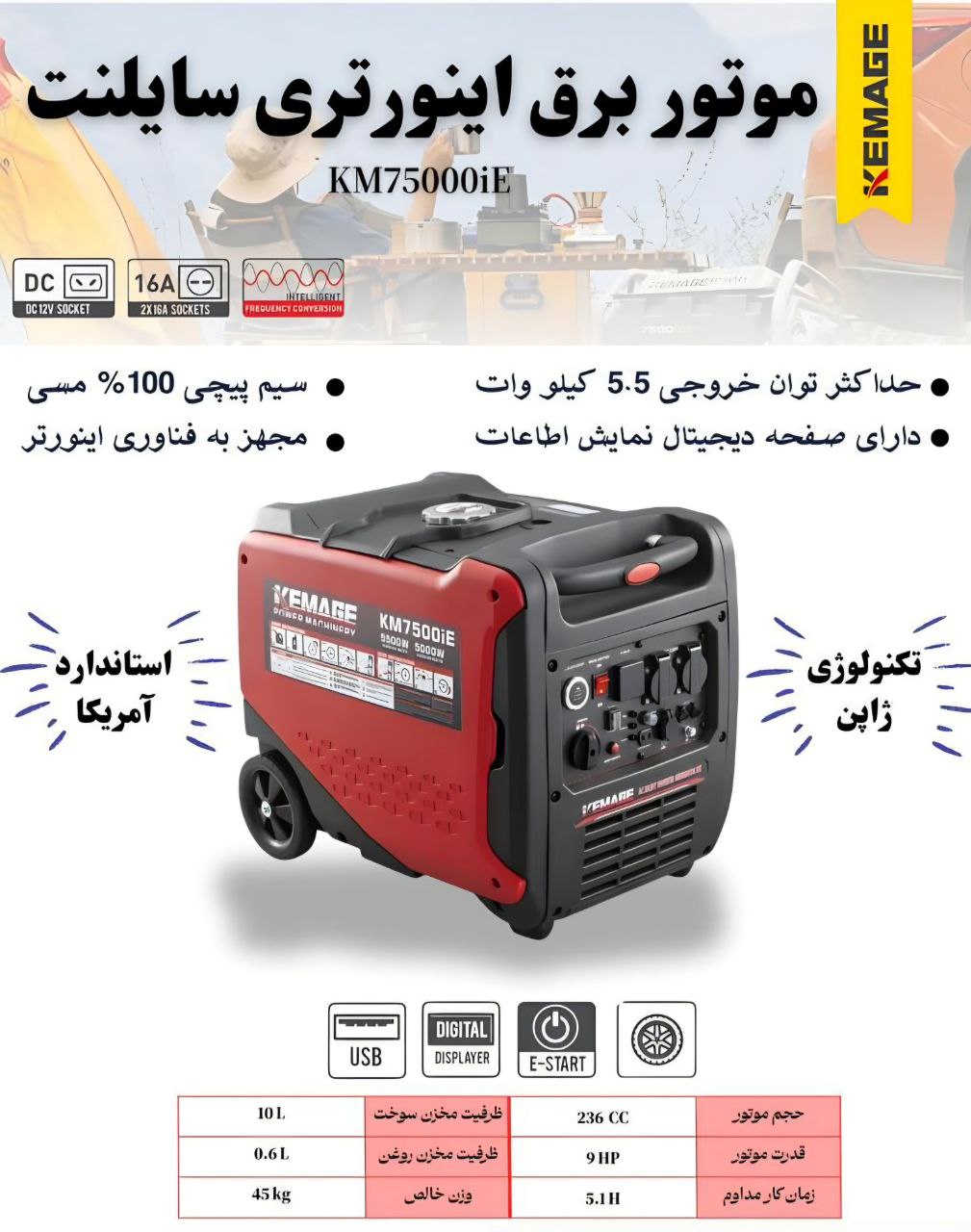 موتور برق ۵/۵کیلووات سایلنت اینورتری تمام مس،