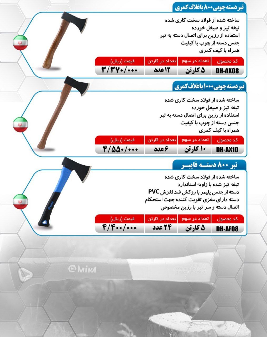 تبر دسته چوبی ۸۰۰ و ۱۰۰۰ گرم و تبر ۸۰۰ گرم دسته فایبر میکا موجود شد و آماده توزیع میباشد 