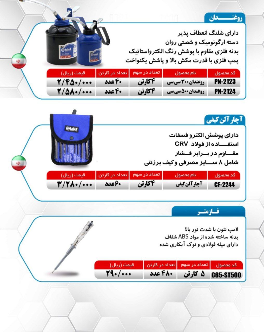 روغندان ۳۰۰ و ۵۰۰ سی سی و آلن کیفی شش پر میکا ساخت ایران موجود میباشد