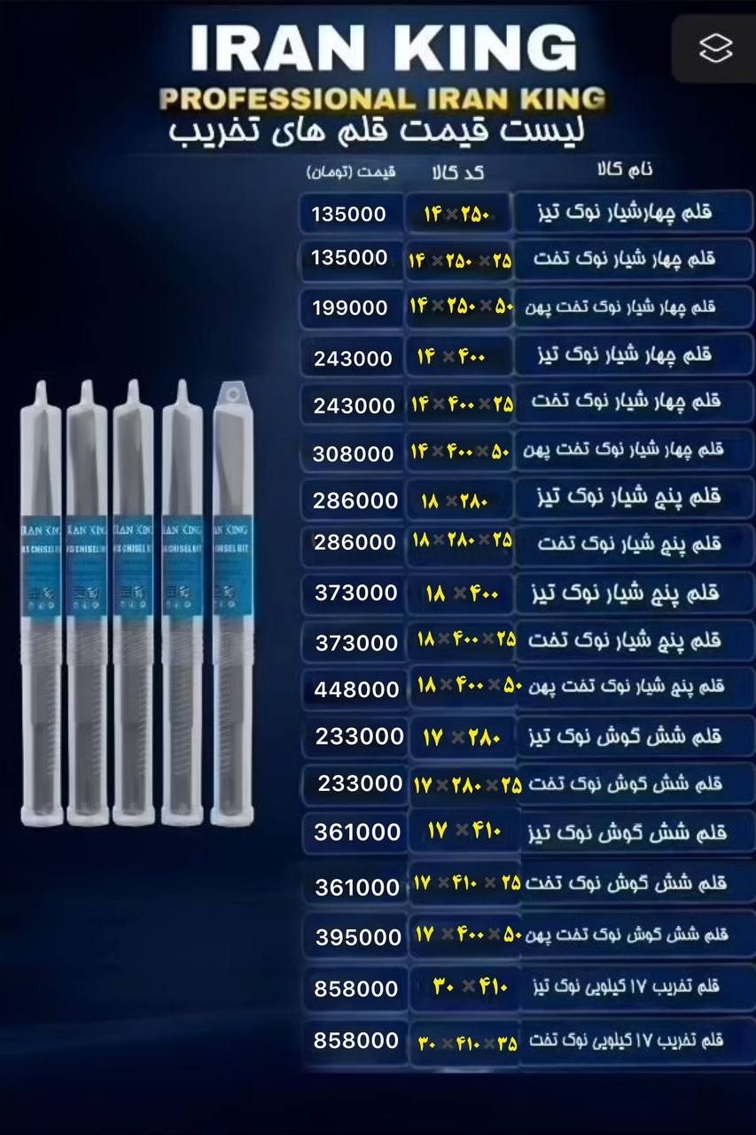 لیست قلم چهار شیار و پنج شیار ( تخریب ) ایران کینگ تعداد سفارش به دلخواه مشتری دارای تخفیف همکار % 