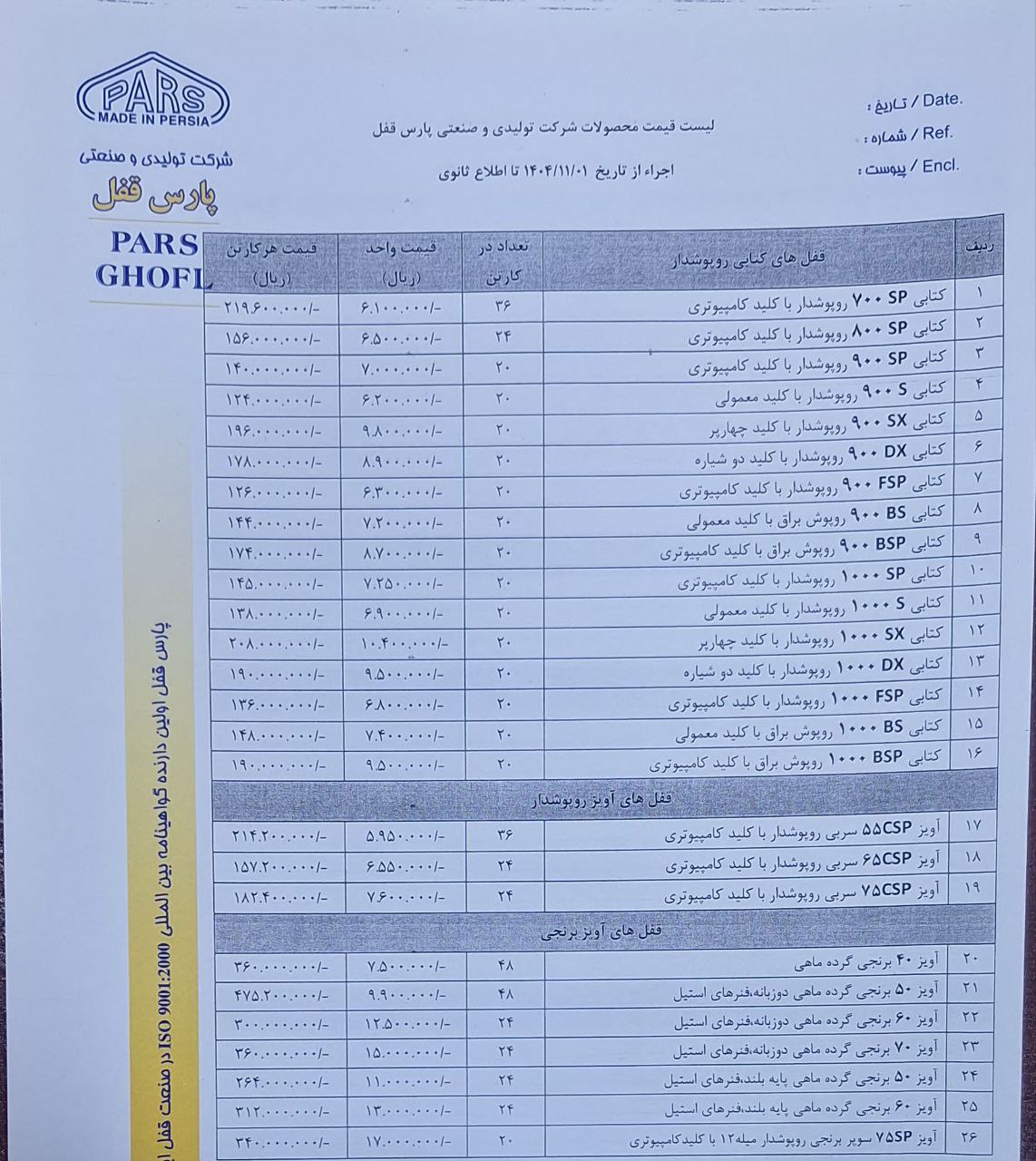 لیست محصولات گروه صنعتی پارس قفل