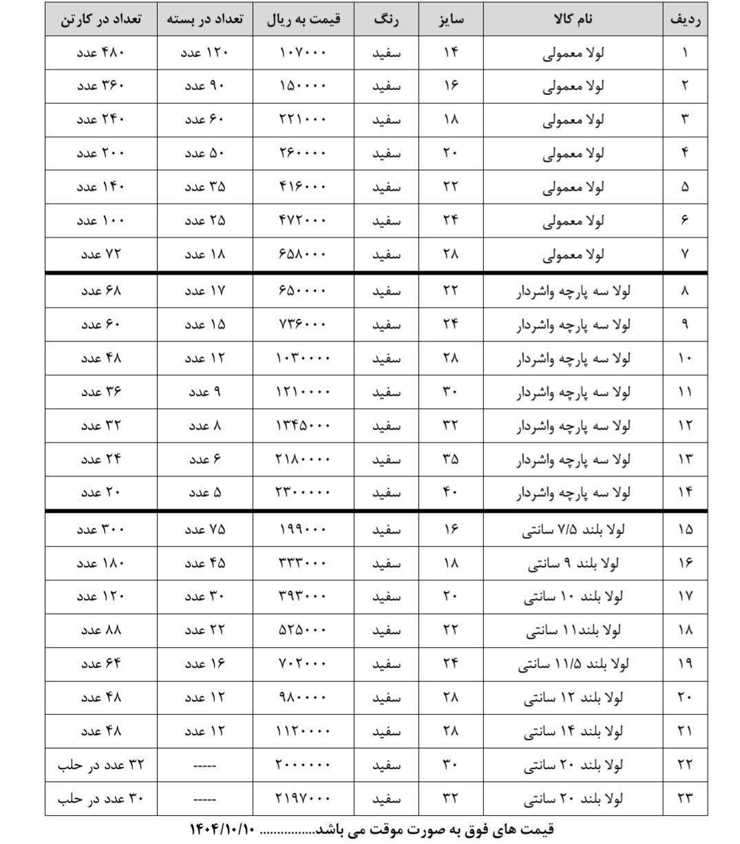 لیست قیمت لولا پارسیان 