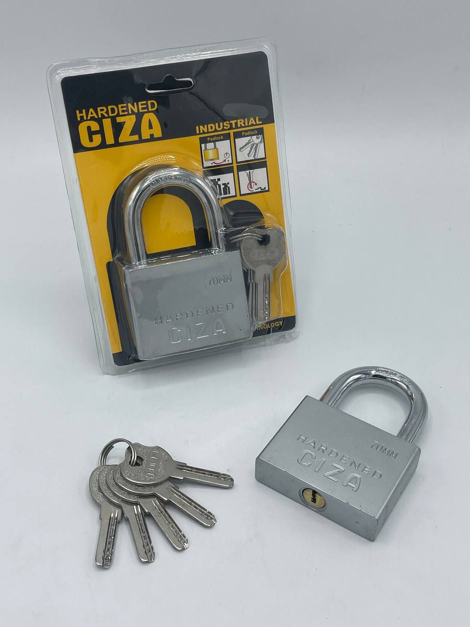  قفل آویز لوکس فولادی CIZA سایز 60 و 70 کلید ویژه/مغزی برنجی بدنه و میله ضد برش ایتالیا خورده کارتن 