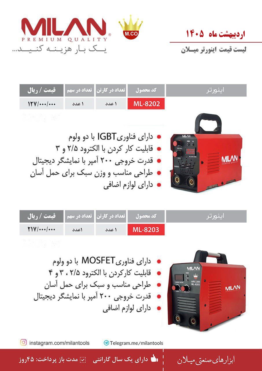 لیست قیمت اینورترر جوشکاری ملان