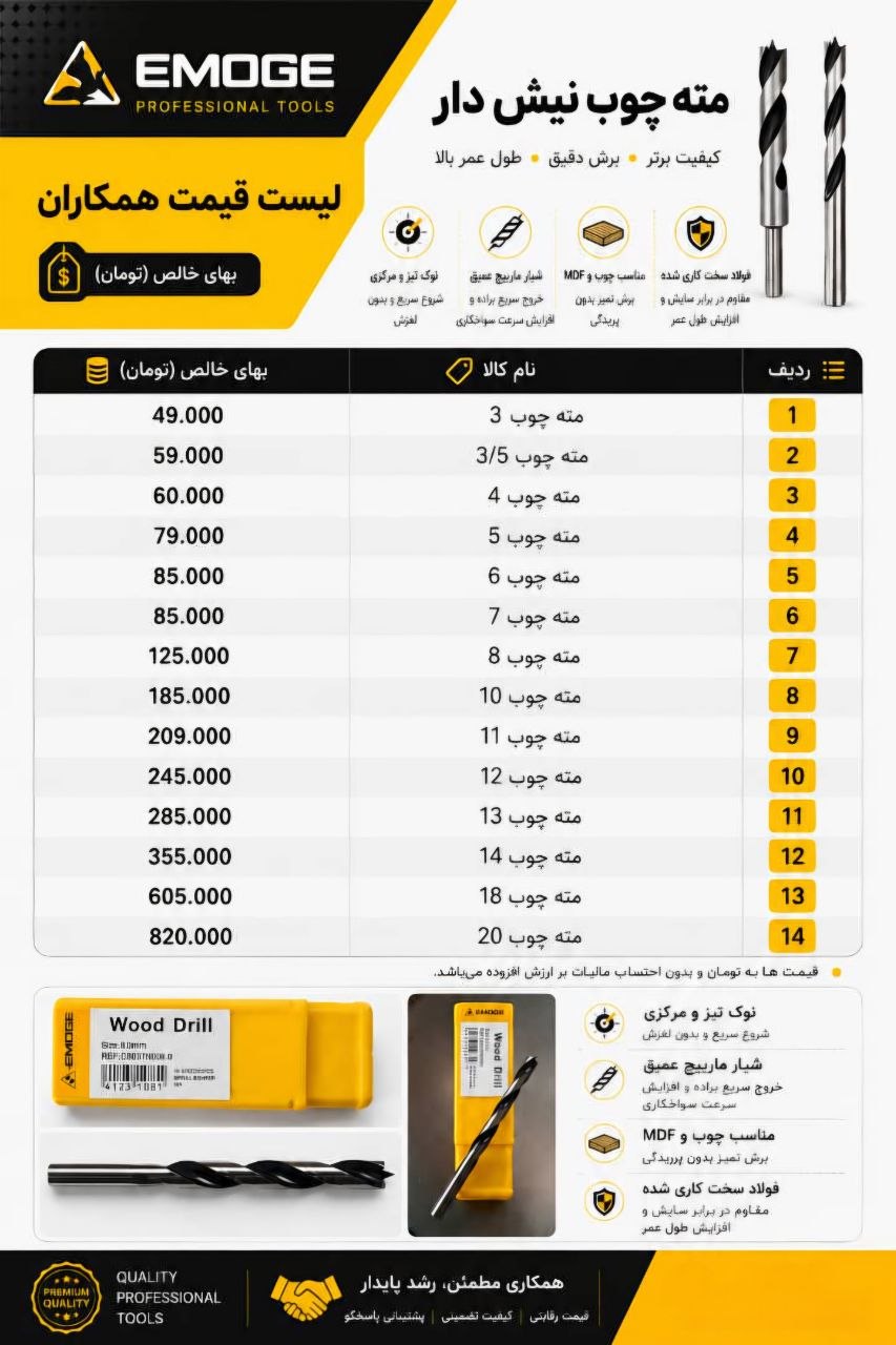 لیست قیمت مته چوب