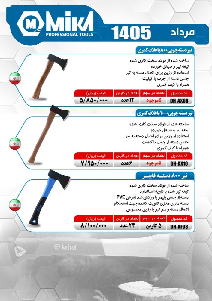 تبر دسته چوبی ۸۰۰ و ۱۰۰۰ گرم و تبر ۸۰۰ گرم دسته فایبر میکا موجود شد و آماده توزیع میباشد 