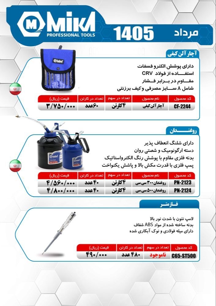 روغندان ۳۰۰ و ۵۰۰ سی سی و آلن کیفی شش پر میکا ساخت ایران موجود میباشد