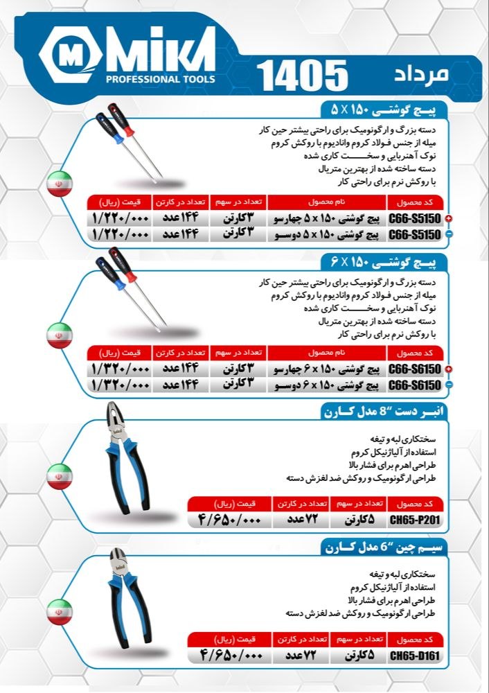 سیم چین ۶ و انبردست ۸ میکا ساخت ایران موجود میباشد 