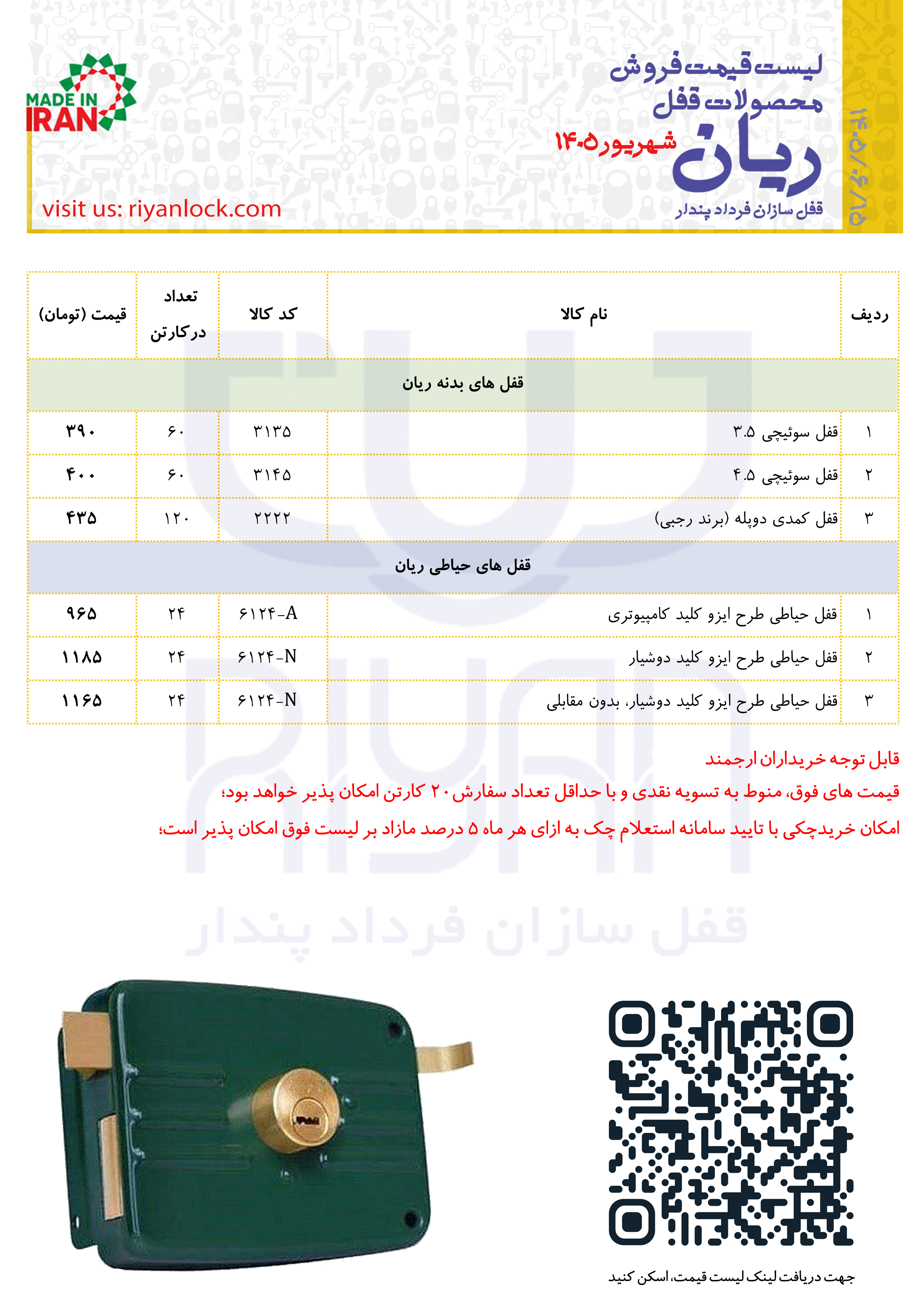 لیست قیمت محصولات شرکت ریان
