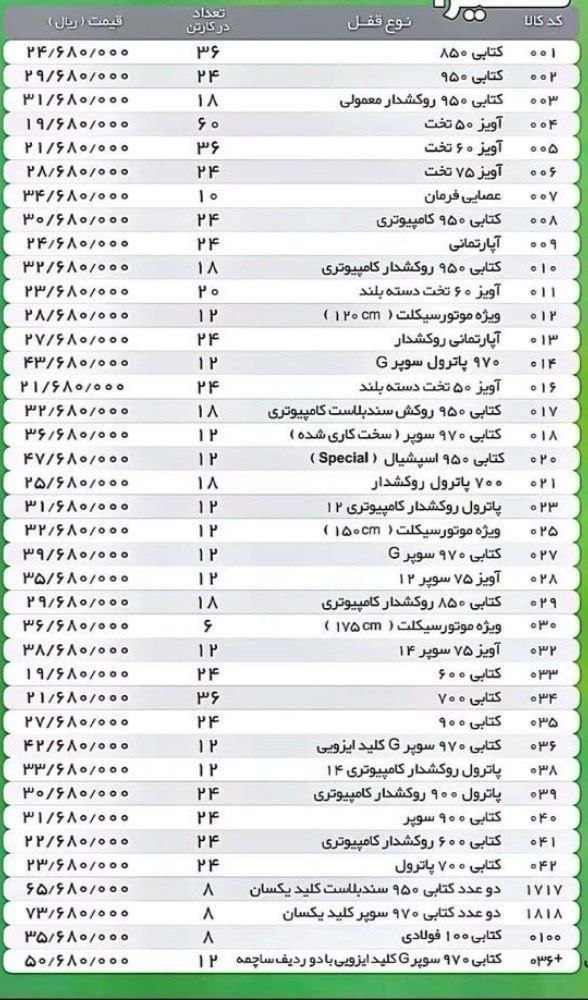 لیست قیمت قفل کتابی گیرا اعلام شد