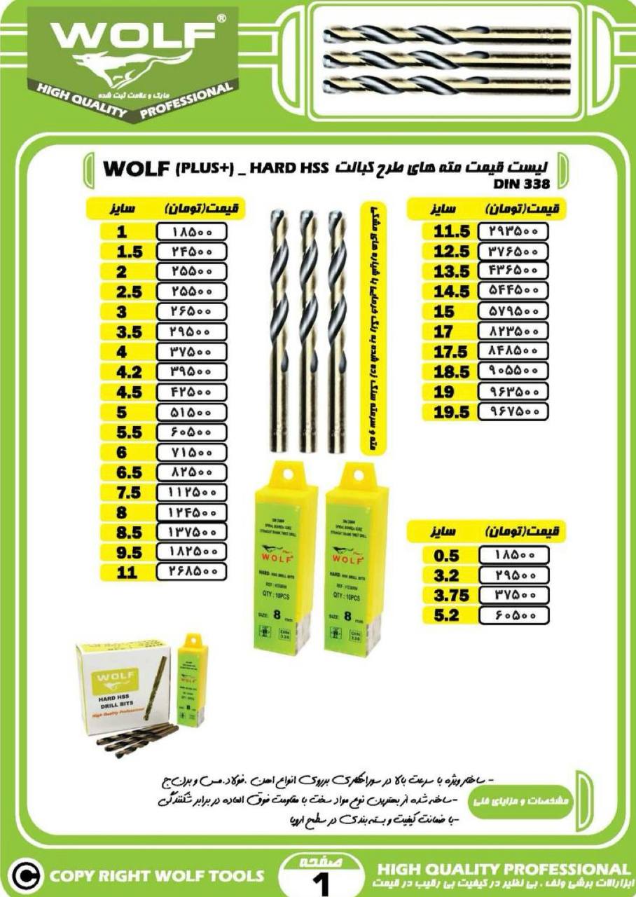  لیست قیمت مته های طرح کبالت ولف WOLF 