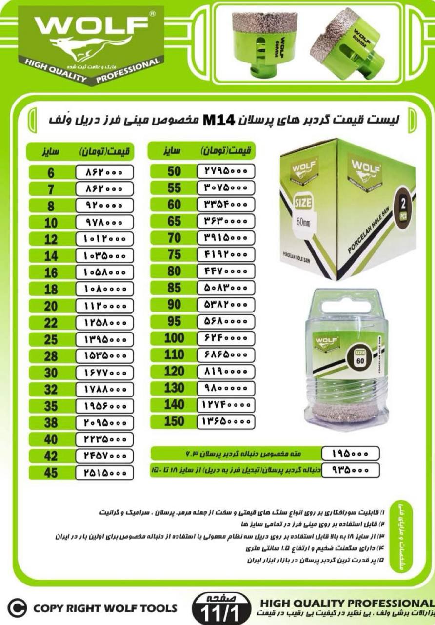  لیست گردبر های پرسلان M14 مخصوص مینی فرز دریل ولف WOLF 