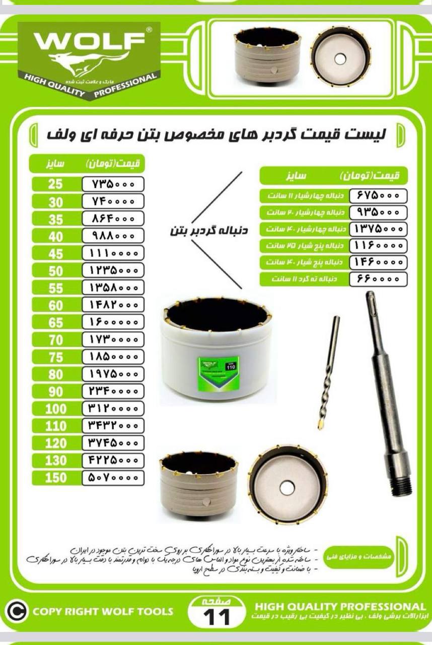  لیست گردبر های مخصوص بتن ولف WOLF 
