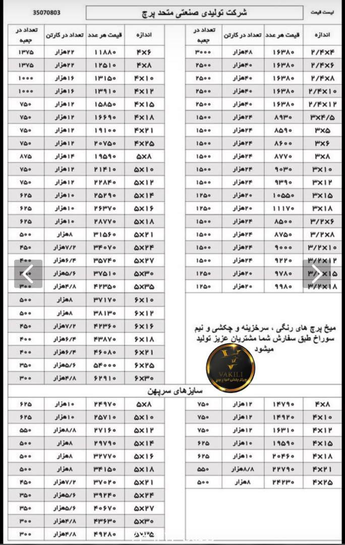 لیست قیمت پرچ متحد به صورت کارتنی طبق لیست و بسته‌ای پنج درصد بالاتر عرضه می‌شود 