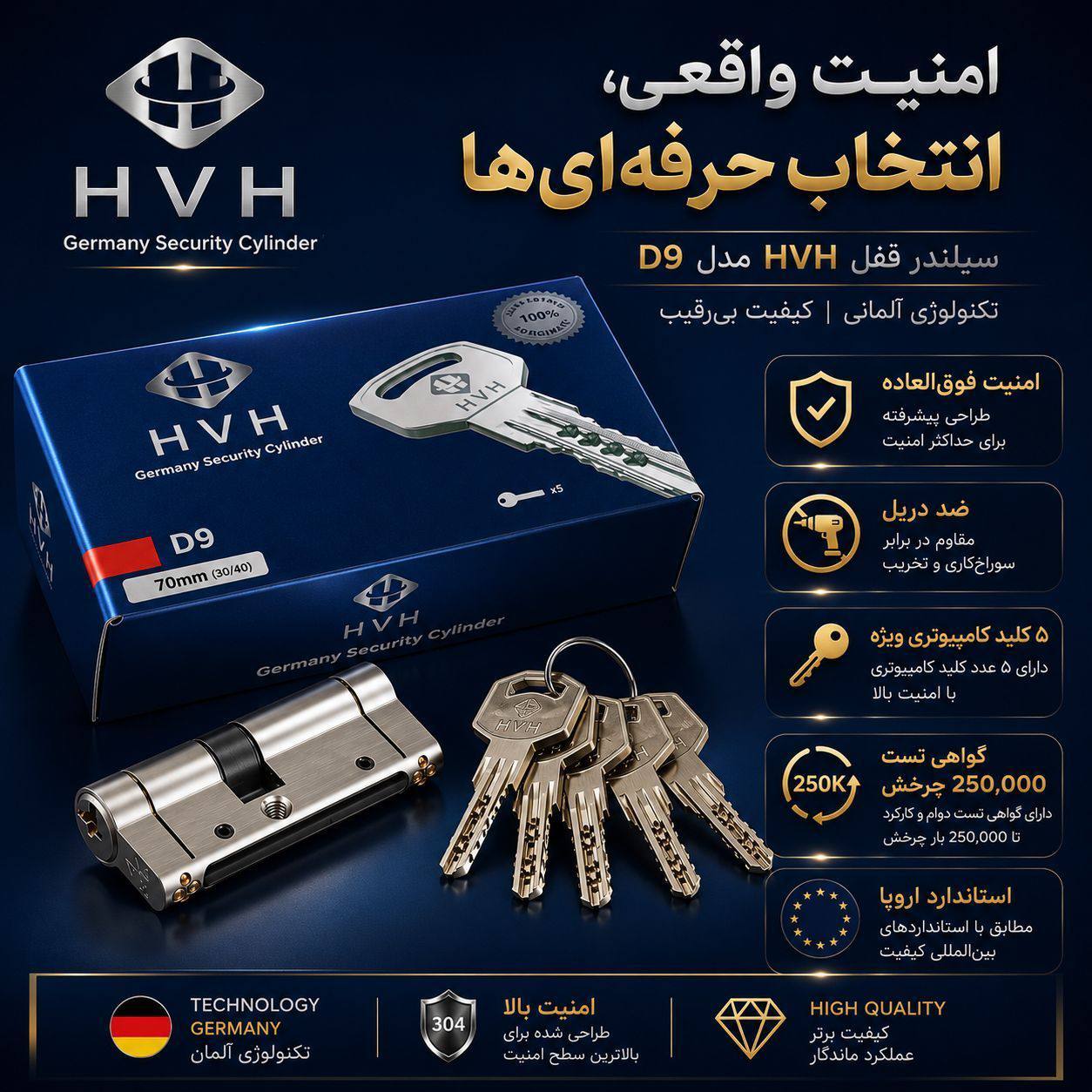 سیلندر تمام برنج HVH امنیت فوق العاده ضد دریل تسمه فولادی ۵کلید ویژه امنیت بالا استاندارد اروپا کیفی