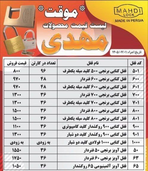 لیست قیمت جدید قفل مهدی 