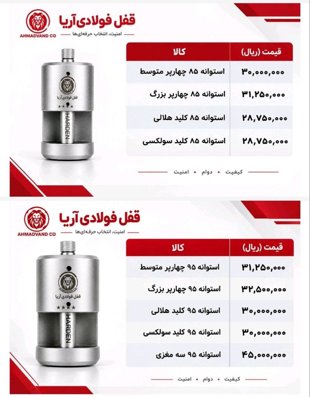 لیست قیمت جدید قفل آریا اعلام شد